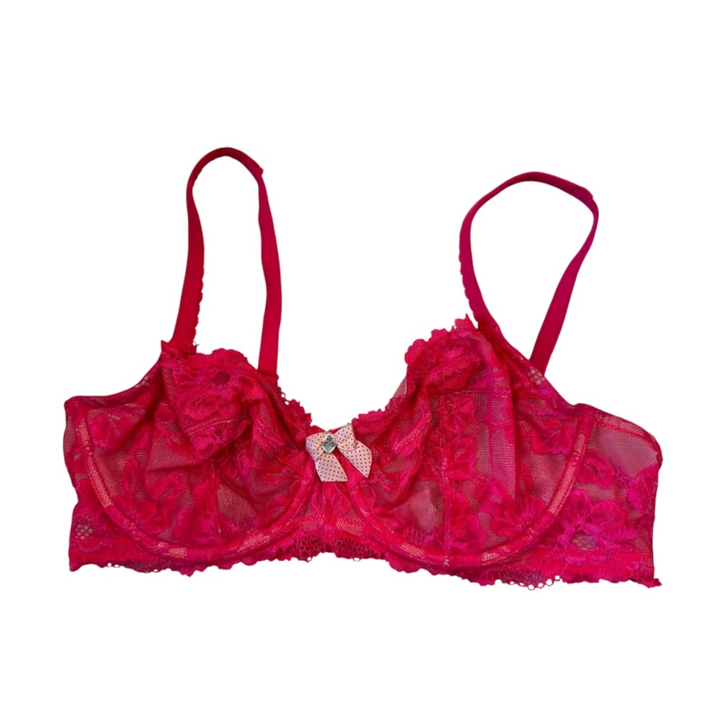 Women's Neon Pink Victoria Secret sheer lace Bra with polka dots a‎ dot bow 38D